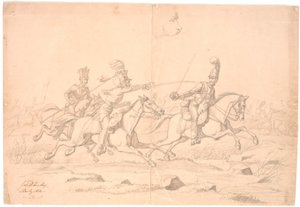 A Cavalry Skirmish; Above, a Study of a Head by Johan Thomas Lundbye
