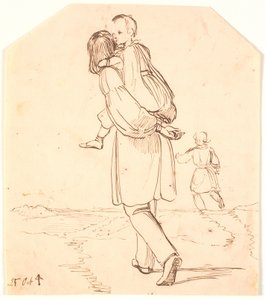 A Young Man Carries a Little Girl on His Back through a Landscape by Johan Thomas Lundbye