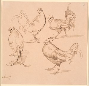 Four Studies of Roosters by Johan Thomas Lundbye