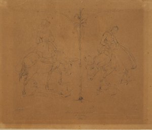 Mrs. Raffenberg Sitting on a Donkey. Two Representations Separated by a Plant Stem by Johan Thomas Lundbye