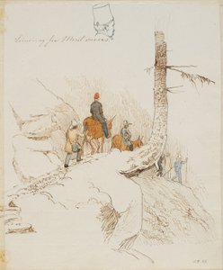 Walking and Riding Travelers on a Mountain Path with a Small Man