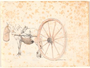 Detailed Study of a Cart Horse with Nosebag, Only the Shaft and a Very Large Wheel of the Cart are Visible by Johan Thomas Lundbye
