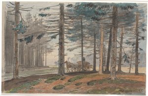 Pine Forest with Road, on which a Horse-Drawn Wagon with a Load of Firewood is Driving. In the Background a Clearing in the Forest