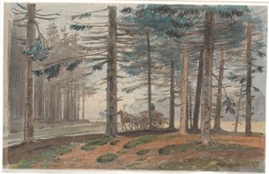Pine Forest with Road, on which a Horse-Drawn Wagon with a Load of Firewood is Driving. In the Background a Clearing in the Forest by Johan Thomas Lundbye