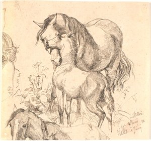 The Mare and the Foal, Currently Horse Study (Back and Head) and Ears of a Foal by Johan Thomas Lundbye