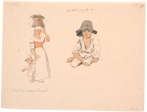 Italian Woman with a Bucket on Her Head and a Begging Boy by Her Hand. To the Right, Study of a Seated Italian Boy by Johan Thomas Lundbye