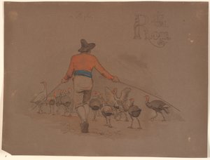 Italian driving a flock of turkeys with bamboo sticks by Johan Thomas Lundbye
