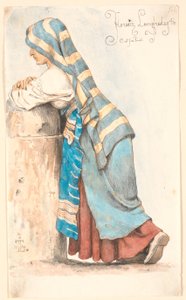 Italian Woman Leaning on a Low Stone Pillar by Johan Thomas Lundbye