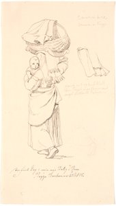 Italian Woman with Her Child on Her Arm and Its Cradle on Her Head. Right: Study of Her Headdress