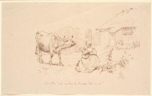 Come Cow! Outside a homestead sits a woman with a child reaching towards a cow by Johan Thomas Lundbye
