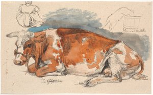 Lying Cow. Top Left a Seated Peasant Girl, Right a Cat Drinking from a Milk Thistle by Johan Thomas Lundbye