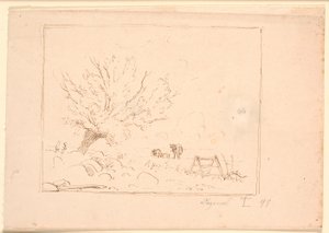 Landscape with a Willow Tree by Large Stones, a Rooster, a Plow, and Three Cows