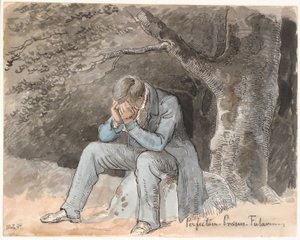 "Perfectum - Present - Future". Young Man Sitting Under a Tree on a Stone with Hands Over Face by Johan Thomas Lundbye