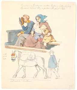 Soldier and Wife with Two Children Sitting on a Bench. Nearby a Horse with Luggage Followed by a Man