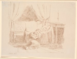 Bedroom Interior with a Little Girl Sleeping on the Floor, Leaning Against a Cradle with a Sleeping Child