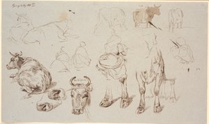 Study Sheet from Vognserup. Studies of Cows Above, 4 Studies of Milkmaids Seen from the Back in the Middle by Johan Thomas Lundbye