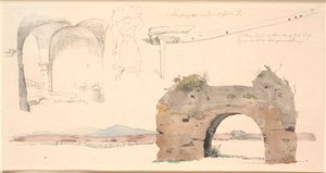 Study Sheet from the Roman Campagna, Italy. Below, Watercolor Study of a Roman Aqueduct Arch with a View of Low Mountains. Above, Study of an Open Space with Flat Vaults, in the Middle an Italian Woman Carrying a Large Bundle on Her Head, to the Right a Pl by Johan Thomas Lundbye