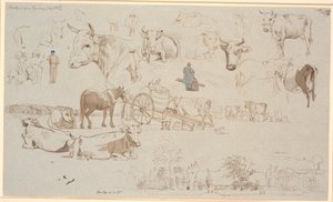 Study Sheet from the Milking Place in Vognserup. Above, Especially Studies of Cows, in the Middle, Among Others, the Milking Cart and Below, Vognserup Main Building and Wings