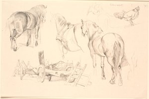 Study Sheet with Horses, Farm Tools, and a Hen on Its Perch