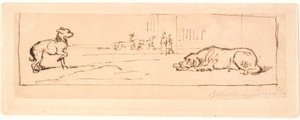 Two dogs on a street. In the background a horse-drawn carriage and two pedestrians by Johan Thomas Lundbye