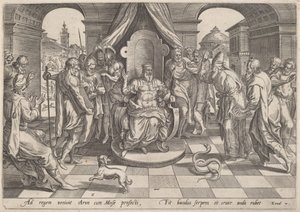 Moses and Aaron before the Pharaoh by Johan Wierix, after Maarten van Cleef