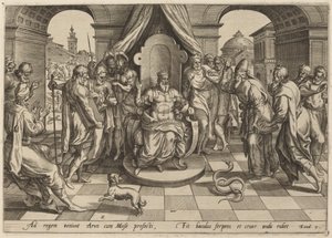 Moses and Aaron before the Pharaoh by Johan Wierix, after Maarten van Cleef