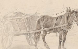 A Cart Drawn by a Brown Horse Near a Lamp Pole, Verso: A Group of Mounted Officers