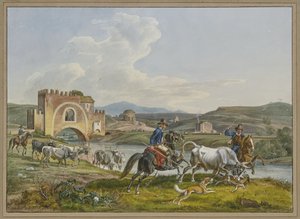 Roman Campagnoli on Horseback Catching a Bull with Dogs by Johann Adam Klein