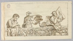 A Satyr Boy Playing Flute, A Girl with Cymbals, a Woman with a Book by Johann August Nahl the Younger