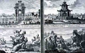 Four Views showing a Chinese Triumphal Arch, a Pagoda at Sinkicien in the Province of Xantum, Artificial Mountains and Caves and a Chain Bridge near the town of Kingtung, China by Johann Bernhard (after) Fischer von Erlach