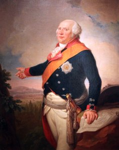 Portrait of King Frederick William II of Prussia (1744-1797) with a star of the Prussian Order of the Black Eagle, his left hand resting on a map of Frankfurt, a landscape with the Prussian army encamped outside Frankfurt