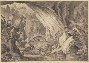 Six Otters in a Rock Cave by the Water by Johann Elias Ridinger
