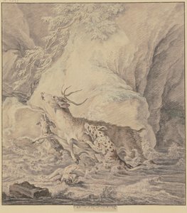 Wounded stag, chased through the water by two dogs, a third dog lies wounded in the water by Johann Elias Ridinger
