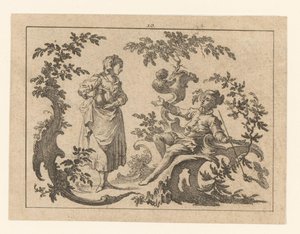 Man Smoking a Pipe, Seated Next to a Standing Woman with Jug on a Rococo Ornament (Smokers on Rococo Ornament series)