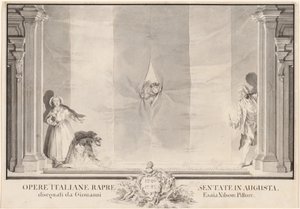 Two Actors Peeking through a Theater Curtain while Others Prepare the Footlights by Johann Esaias Nilson