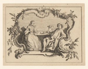 Woman and Pipe-Smoking Man at a Table in a Cartouche by Johann Esaias Nilson
