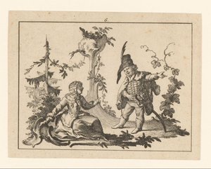 Seated Woman with a Standing Man with Pipe on a Rococo Ornament Smokers on Rococo Ornament by Johann Esaias Nilson