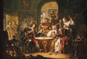 A Gentleman cheating at Cards with an elderly Lady in a sumptuous Interior by Johann Georg Platzer