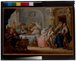 Interior with Elegant Figures in Masquerade Costume Feasting by Johann Georg Platzer