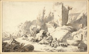 A drover with his family and cattle beside classical ruins by Johann Heinrich Roos