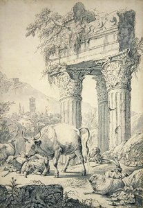 Cow in Campagnian landscape by Johann Heinrich Roos