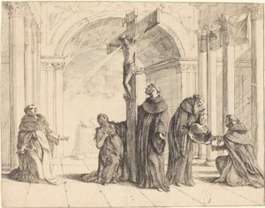 A Crucifix in a Church with Saints Thomas Aquinas, Mary Magdalene, Albertus Magnus, and Others