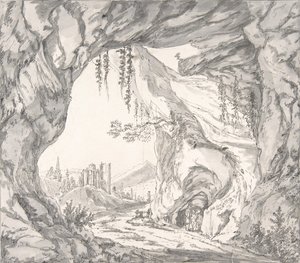 Mountainous Landscape with Ruins of a Castle and Three Men in a Cave by Johann Huber