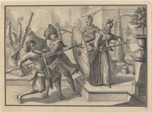 Pantaloon and the Doctor Fighting with Columbine and Brigatella in the Garden by Johann Jacob Schubler