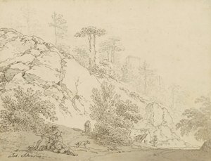 Farmers Resting in Rocky Terrain, Castle in Background by Johann Josef Schindler