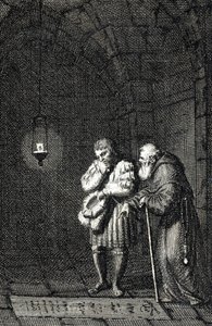 Emperor Charles IV collecting on the grave of Widukind of Saxony in Enger, Germany in 1377. Engraving by Johann Michael Mettenleiter by Johann Michael Mettenleiter