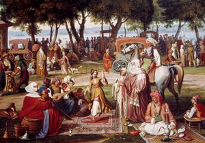 Freshwater Asia in Constantinople - Sweet living: group of men and women smoking, dancing (detail) by Johann Michael Wittmer