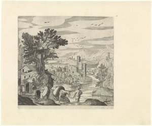 Landscape with a Farmer and His Donkey (series title: Italian Landscapes) by Johann Sadeler (I)