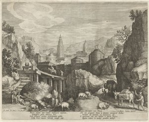 Rocky Landscape with the Fable of the Donkey and the Wild Boar by Johann Sadeler (I)
