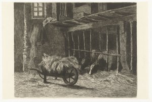 Interior of Stable with Cows and Wheelbarrow with Hay by Johanna Henriëtte Besier